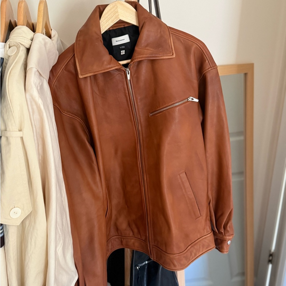 Reformation Brown Leather Zip-Front Jacket